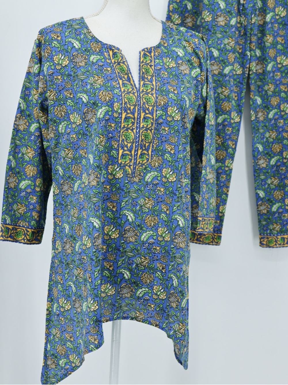 Signals Cotton 2 Piece Pants Set Tunic Pants Blue Floral Boho Resort Wear XL L - Picture 2 of 14